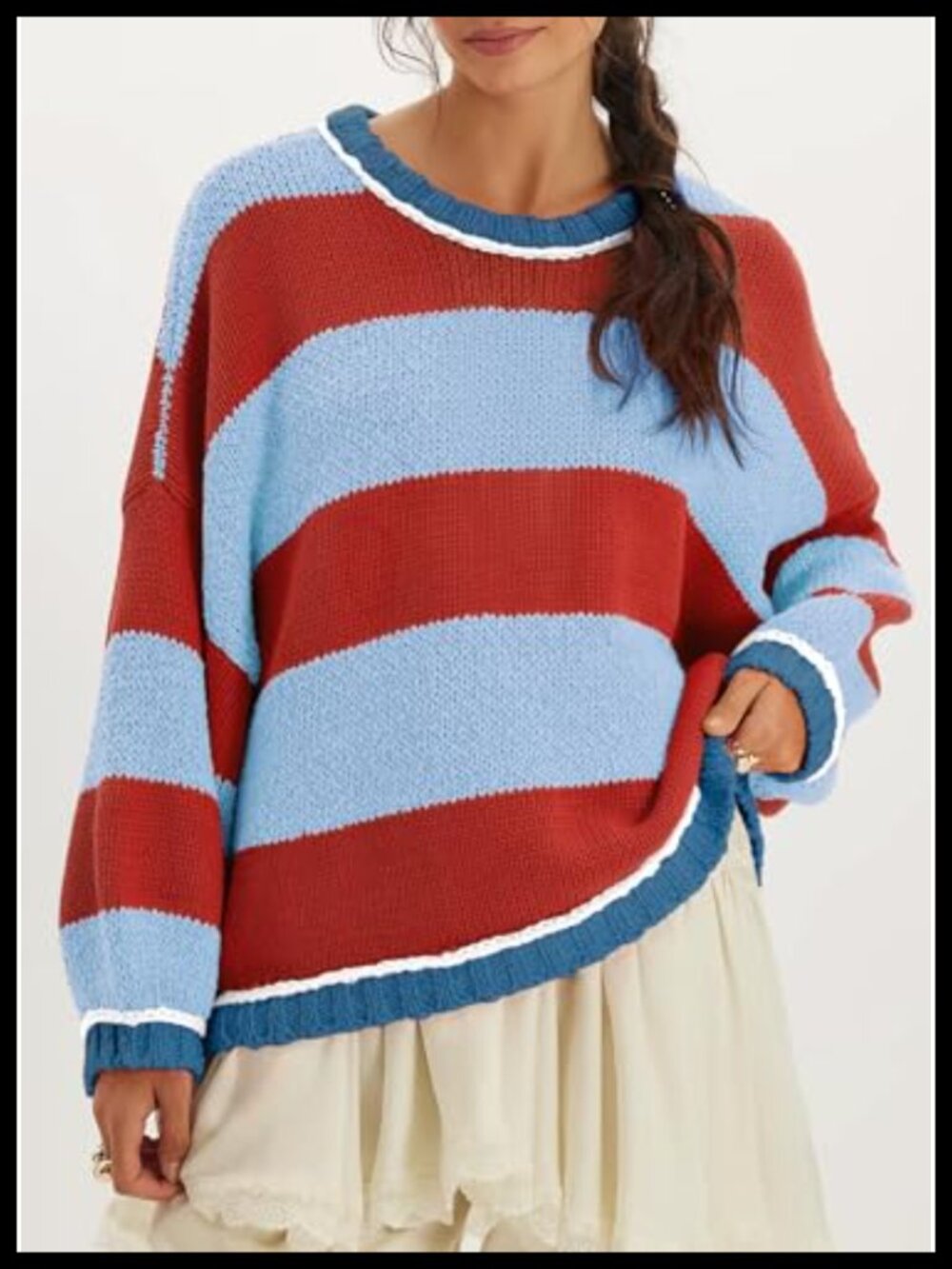 Oversized Striped Chunky Knit Crewneck Pullover Sweater - Picture 2 of 6